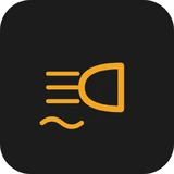 Amber rear fog light indicator symbol - a lamp with straight beams crossed by a wavy line