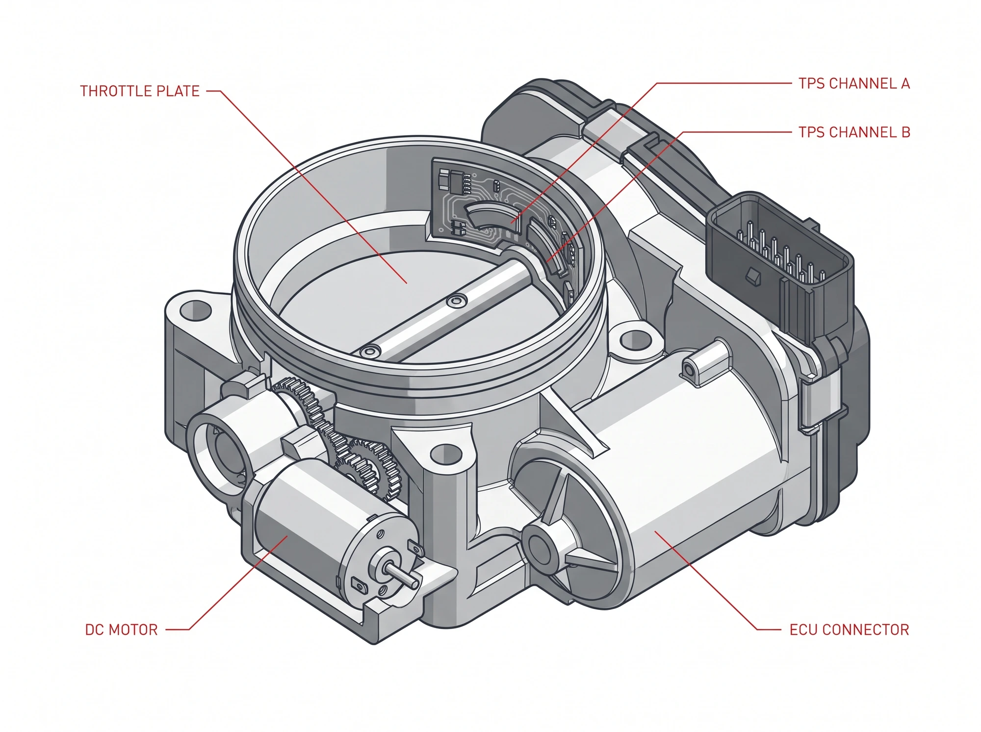 Labelled diagram of a throttle body assembly showing the throttle plate, DC motor, TPS channel A, TPS channel B and ECU connector all on one unit
