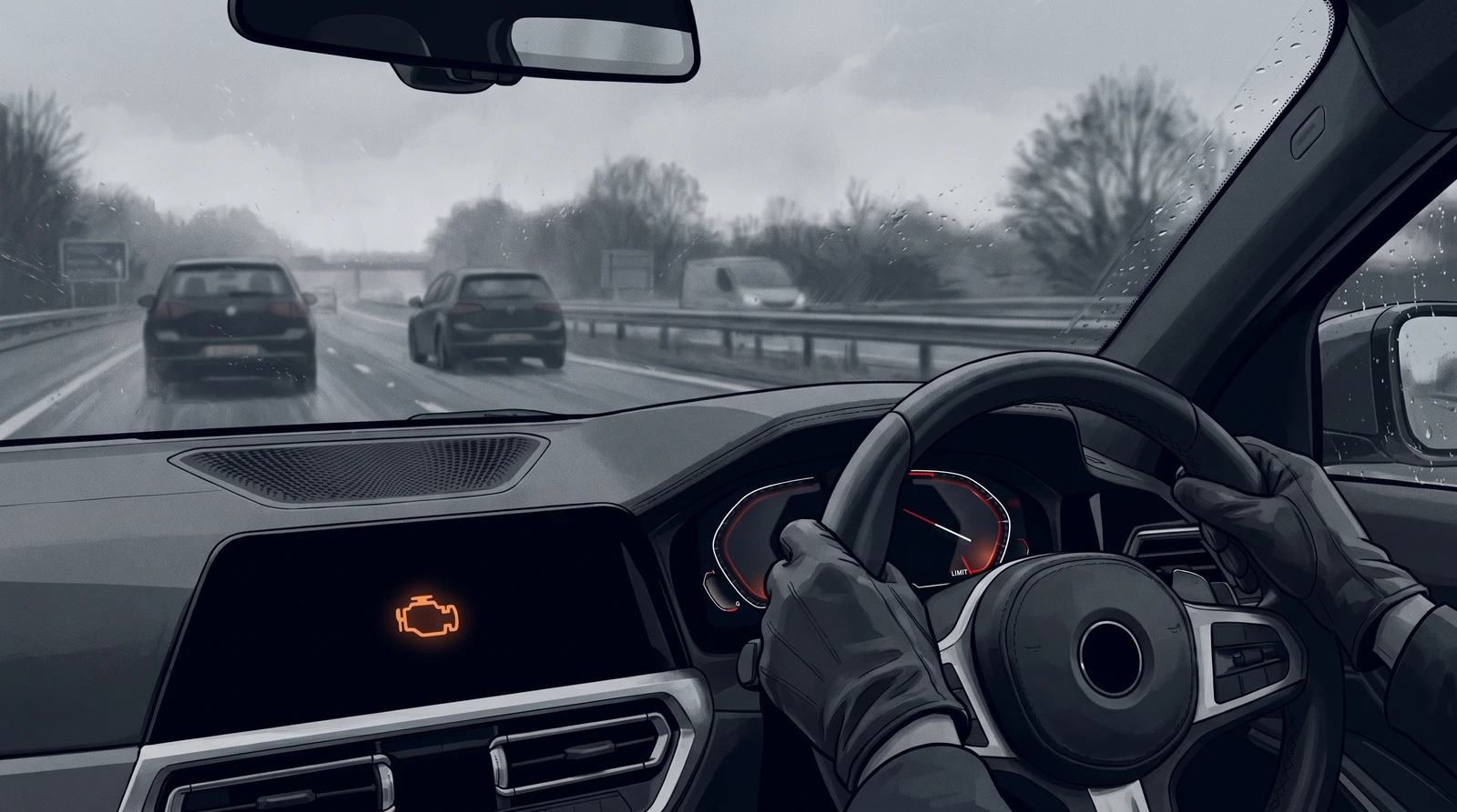 Driver's view from inside a right-hand-drive UK car on a dual carriageway with the engine warning light illuminated on the dashboard, representing limp mode
