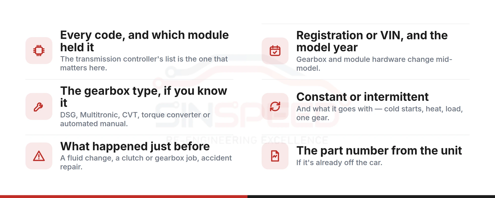 Checklist of what to send with a transmission control module repair form: every code and which module held it, registration or VIN and model year, gearbox type, constant or intermittent, what happened just before, and the part number