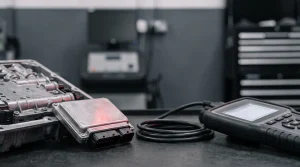 Transmission control module and automatic gearbox mechatronic unit connected to a diagnostic scan tool on a UK auto-electronics workshop bench
