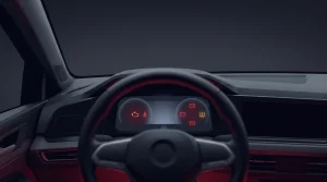 Interior view of a car dashboard at night with red and amber warning lights lit on the instrument cluster