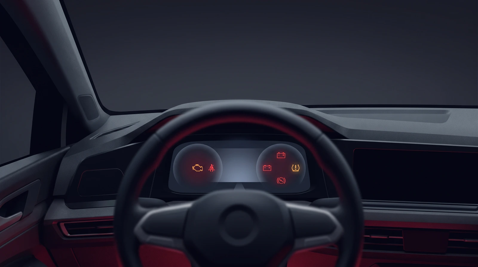 Interior view of a car dashboard at night with red and amber warning lights lit on the instrument cluster