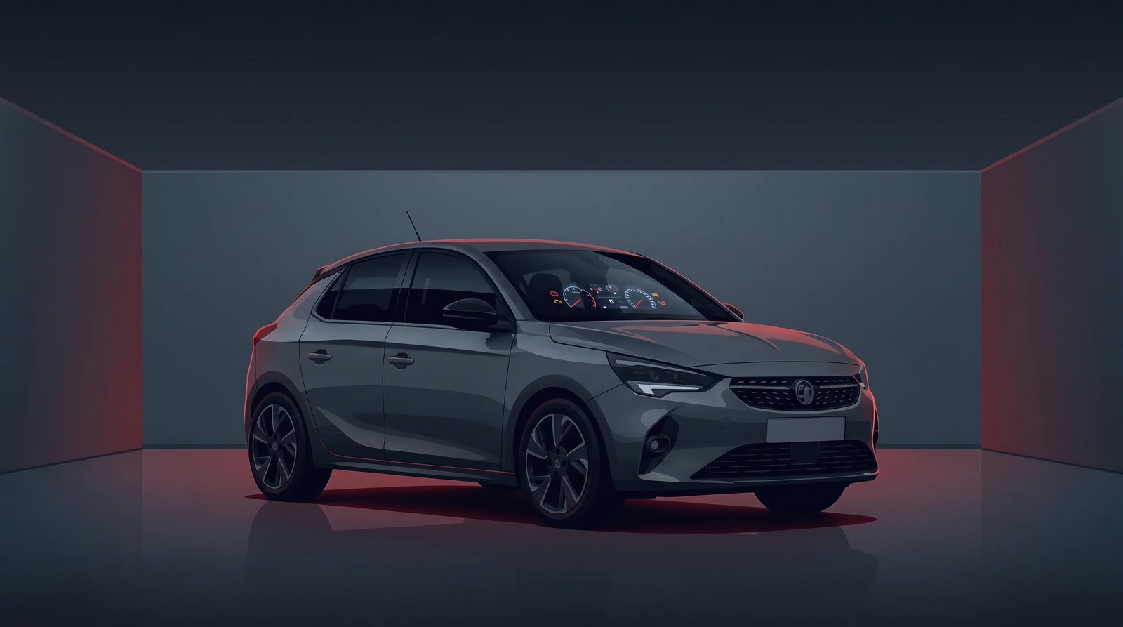 Illustration of a right-hand-drive Vauxhall Corsa hatchback at night with warning symbols glowing on its instrument cluster
