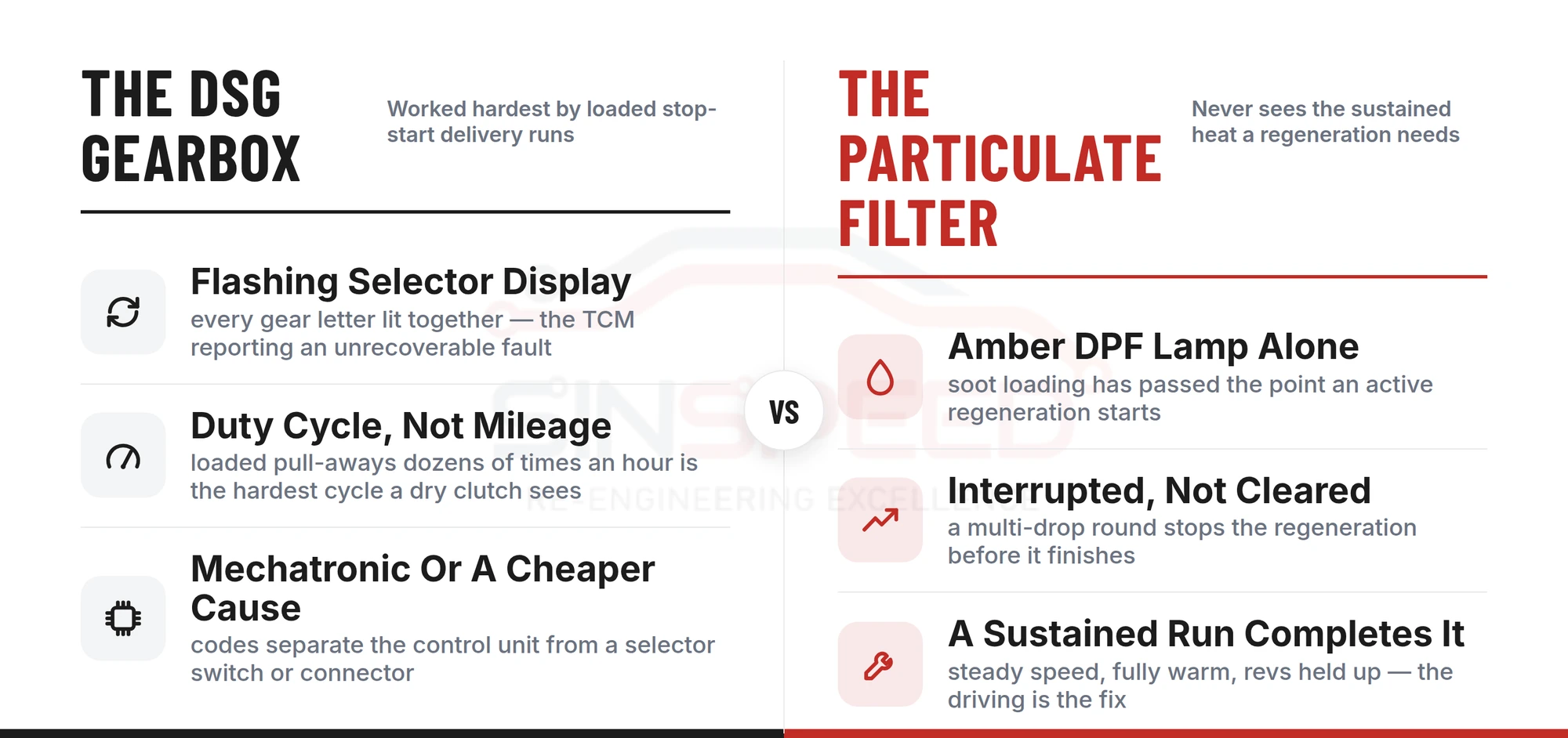 Side-by-side infographic comparing the VW Caddy's two duty-cycle failures: the DSG gearbox, covering a flashing selector display, duty-cycle wear from loaded pull-aways, and separating a mechatronic fault from a cheaper cause; and the particulate filter, covering an amber DPF lamp on its own, a regeneration interrupted by multi-drop driving, and a sustained run completing it