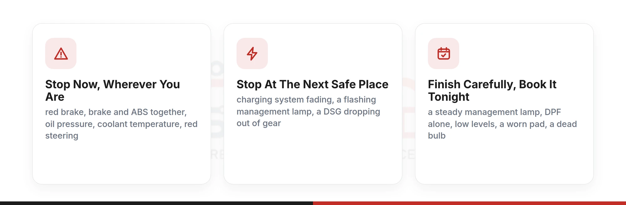 Three-card infographic, one row, showing three responses to a VW Caddy warning light: stop now wherever you are, stop at the next safe place, or finish carefully and book it in that evening