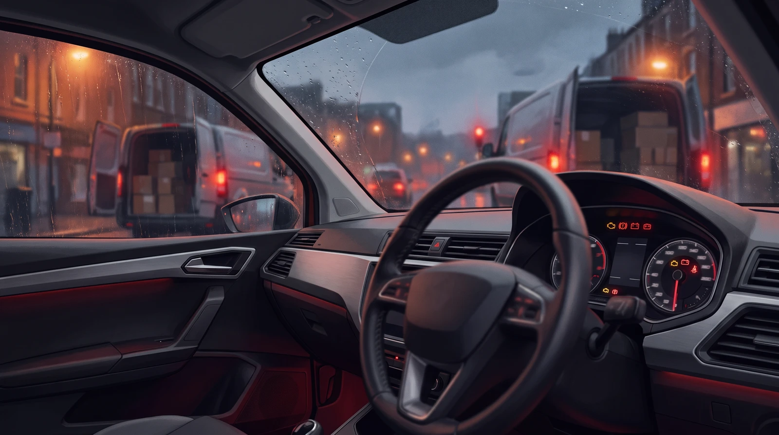 Right-hand-drive view from the driver's seat of a small car-derived panel van at dusk in wet urban traffic, warning lamps glowing amber and red on the instrument cluster ahead of the driver while loaded delivery vans work the street outside