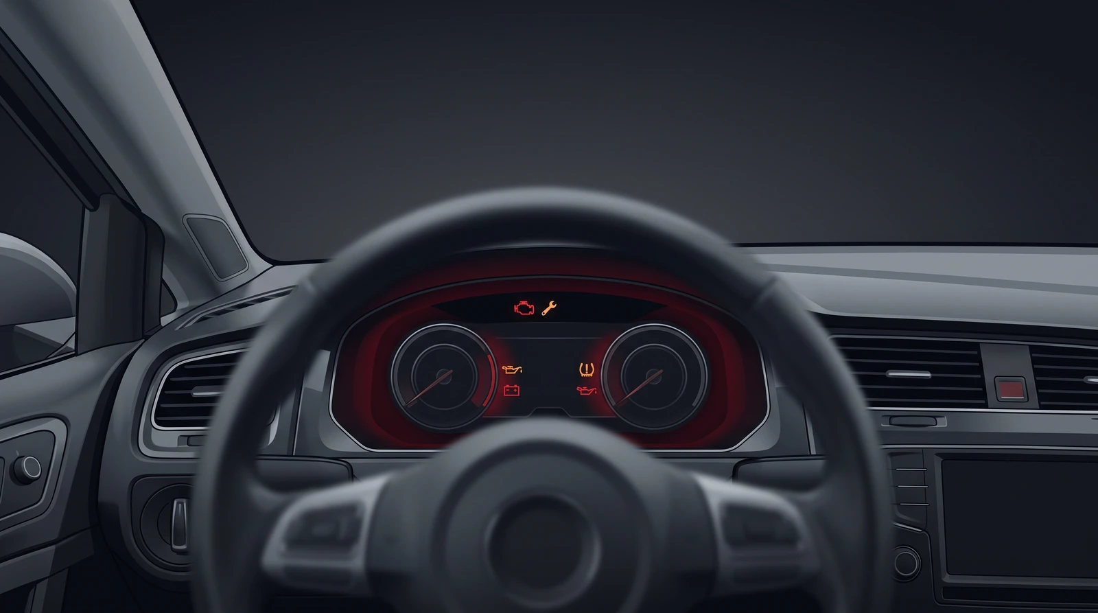 Driver's-eye illustration inside a small hatchback at night with warning lamps lit in red and amber on the instrument cluster