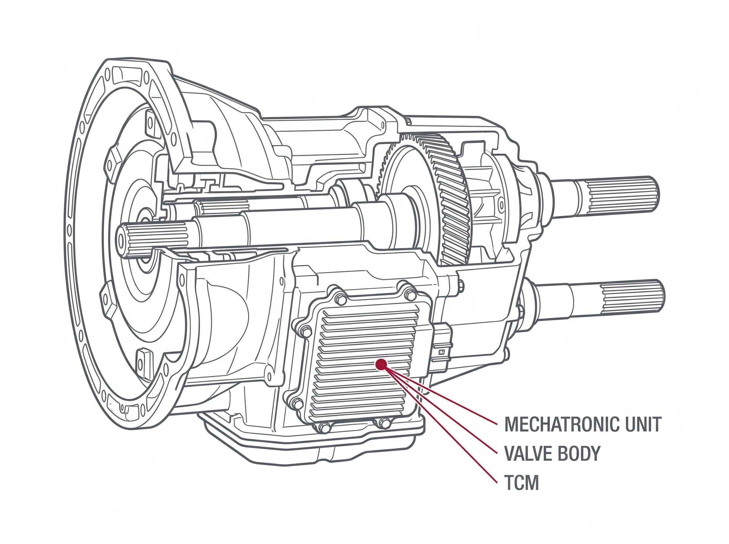 Labelled diagram of a wet dual-clutch transmission's mechatronic assembly, showing that mechatronic unit, valve body and TCM all name the same physical part