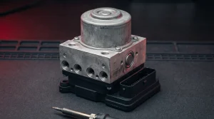 A car ABS hydraulic modulator unit on a workshop bench: the cast aluminium pump motor drum on top, the machined valve block below it with a row of four threaded brake pipe ports along its lower edge and the pressure sensor set into the adjacent face, and the black electronic control module forming the base with its multi-pin connector, ready for circuit-level repair