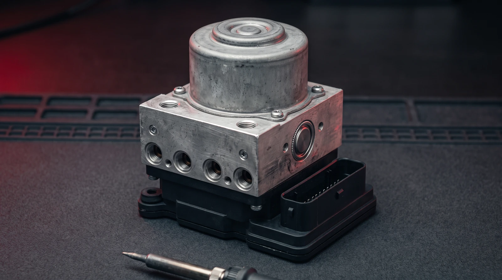 A car ABS hydraulic modulator unit on a workshop bench: the cast aluminium pump motor drum on top, the machined valve block below it with a row of four threaded brake pipe ports along its lower edge and the pressure sensor set into the adjacent face, and the black electronic control module forming the base with its multi-pin connector, ready for circuit-level repair