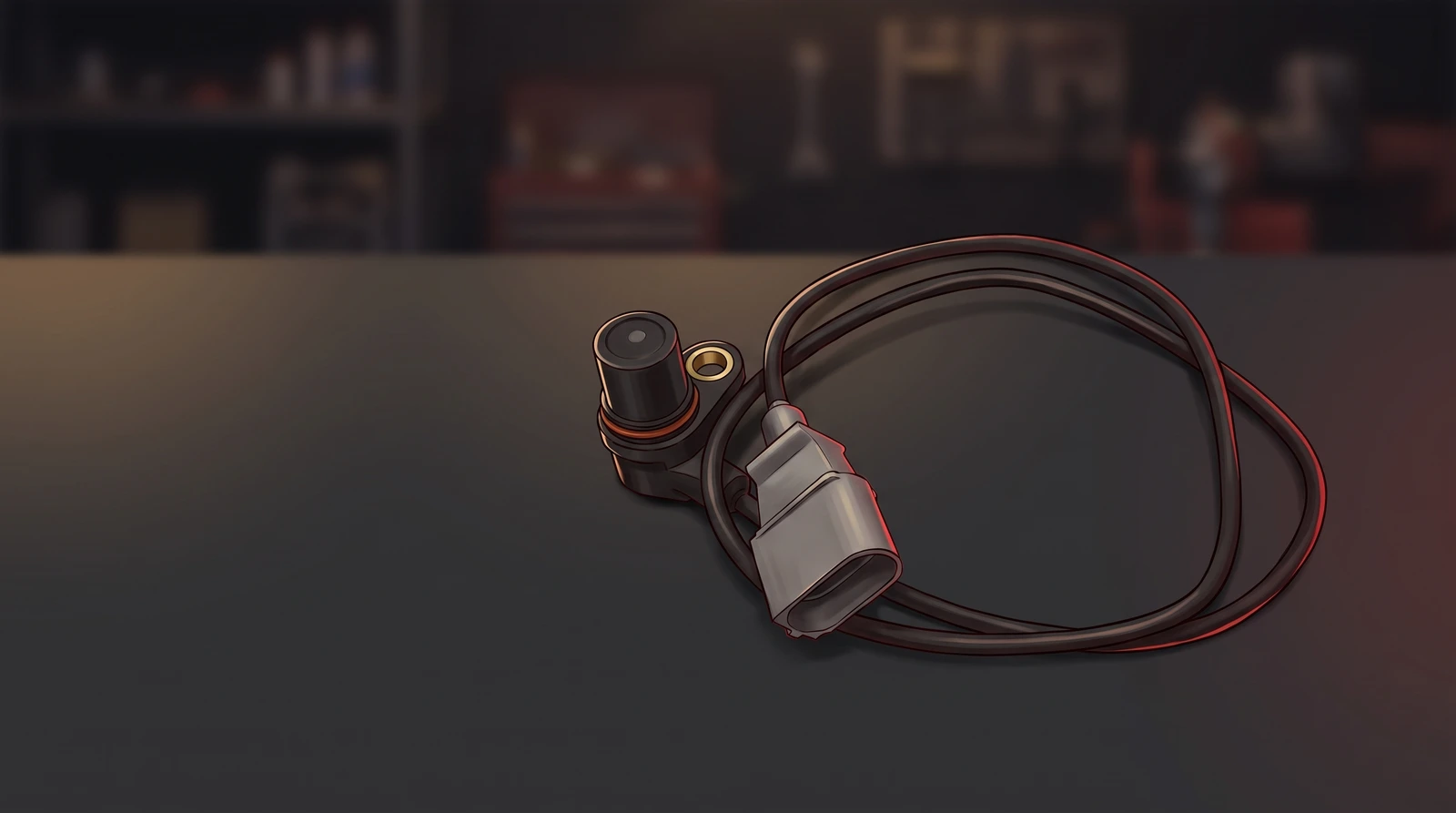 Illustration of a car ABS wheel speed sensor and its looped cable on a dark workshop bench with a red rim light