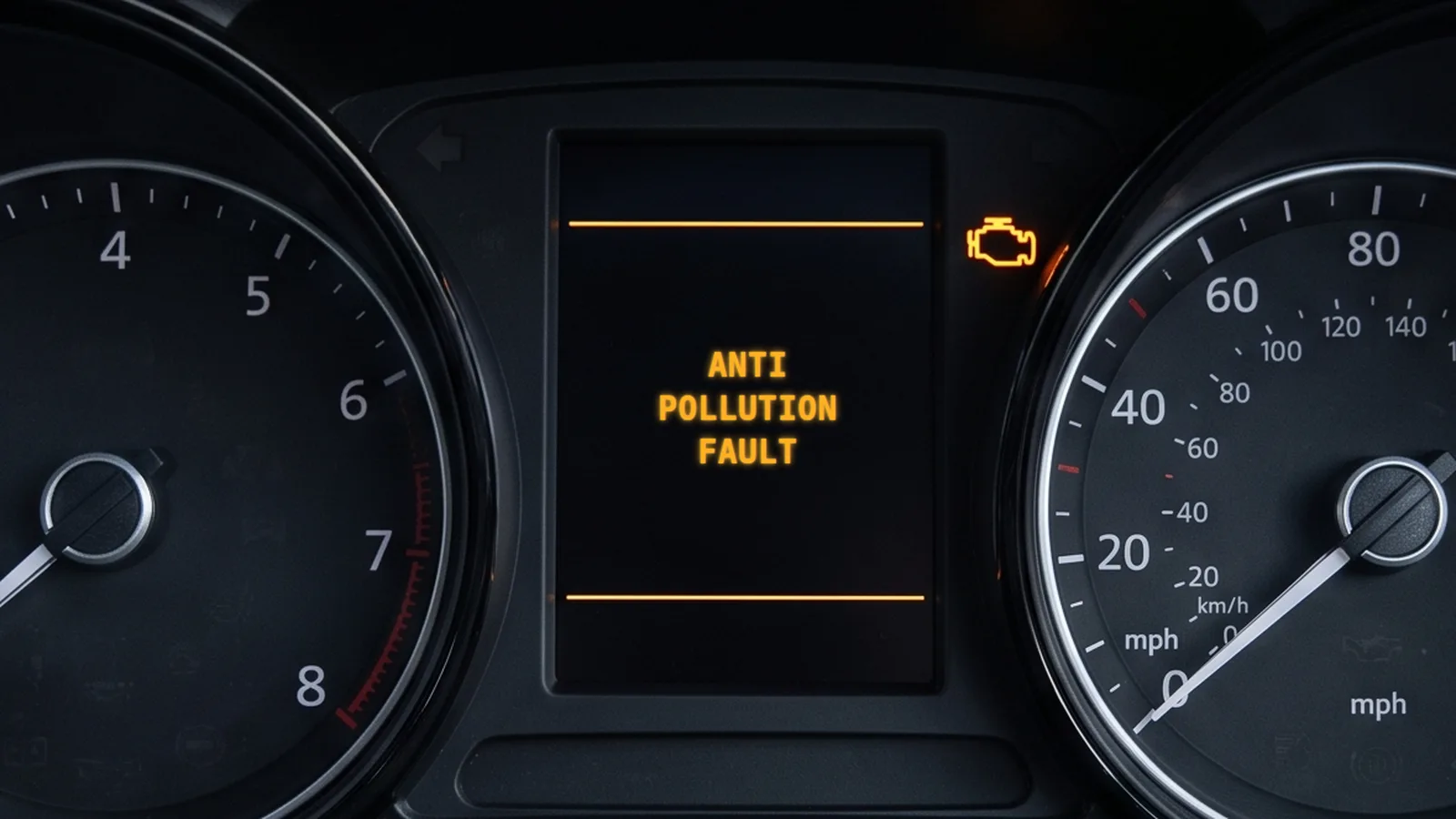 Instrument cluster display showing the ANTI POLLUTION FAULT warning with the amber engine-management light lit