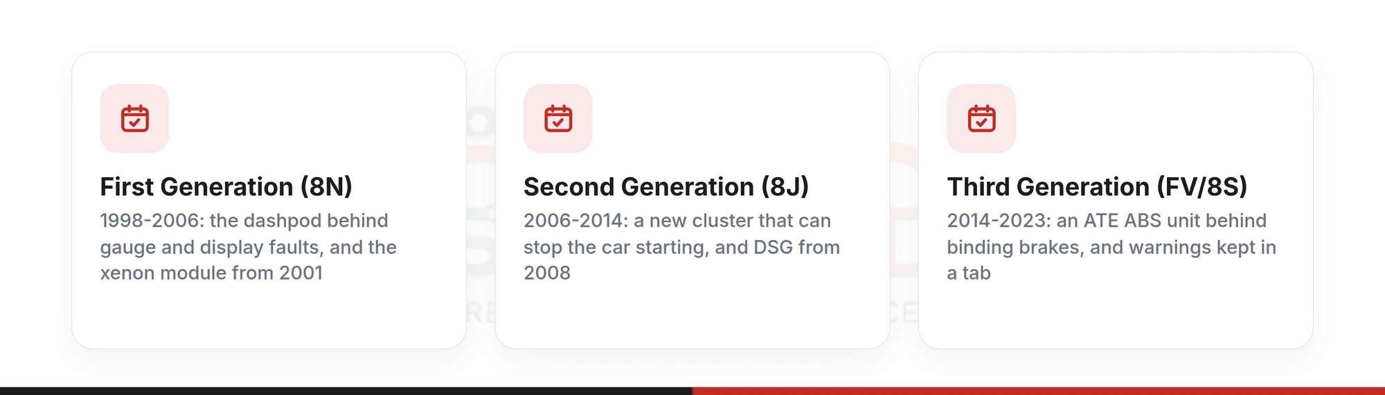 The three Audi TT generations and what changes behind the lamps: the 8N from 1998 to 2006, the 8J from 2006 to 2014 and the FV/8S from 2014 to 2023