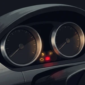 Illustration of a sports coupe's twin round dials at night with amber engine, airbag and headlight warning lamps and a red brake lamp lit between them