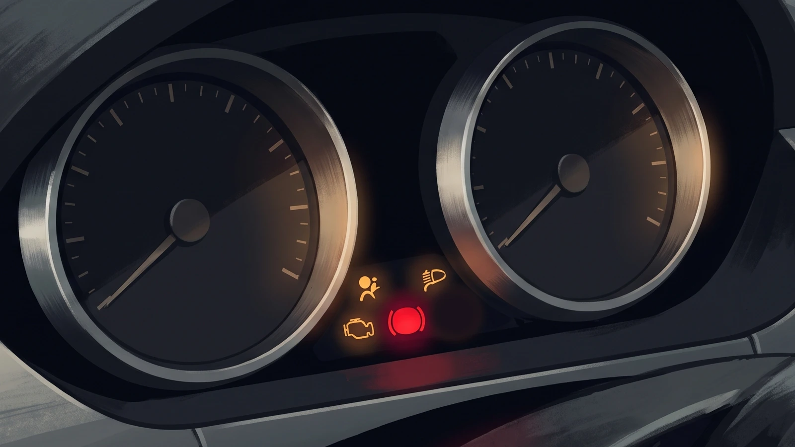 Illustration of a coupe instrument cluster with two chrome-ringed dials and a group of amber and red warning lamps glowing below them