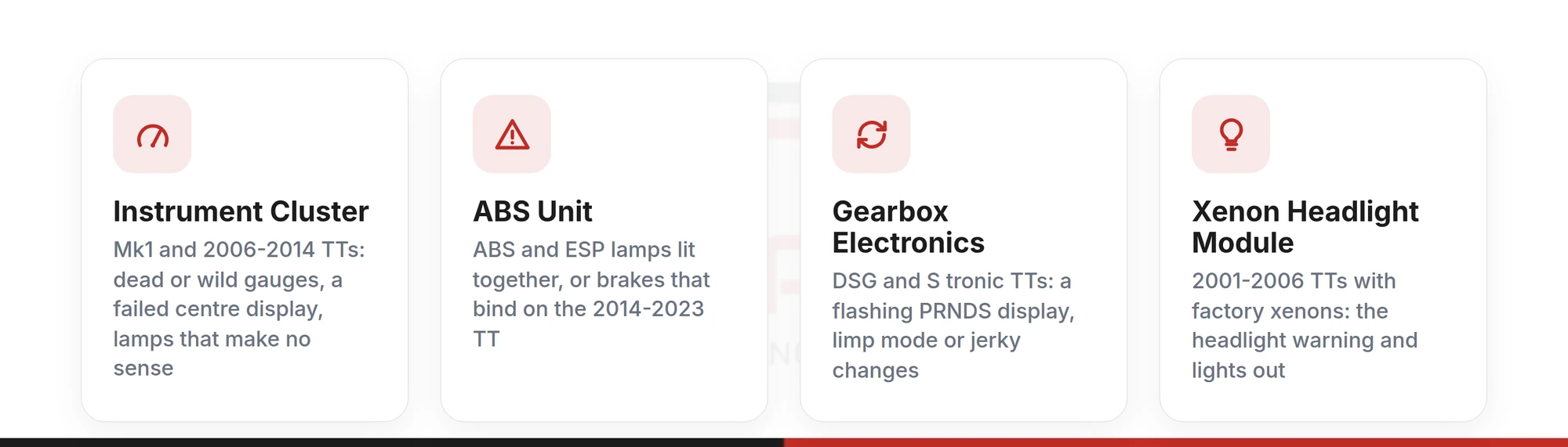 Four Audi TT units a warning lamp can lead back to: the instrument cluster, the ABS unit, the DSG and S tronic gearbox electronics, and the xenon headlight module