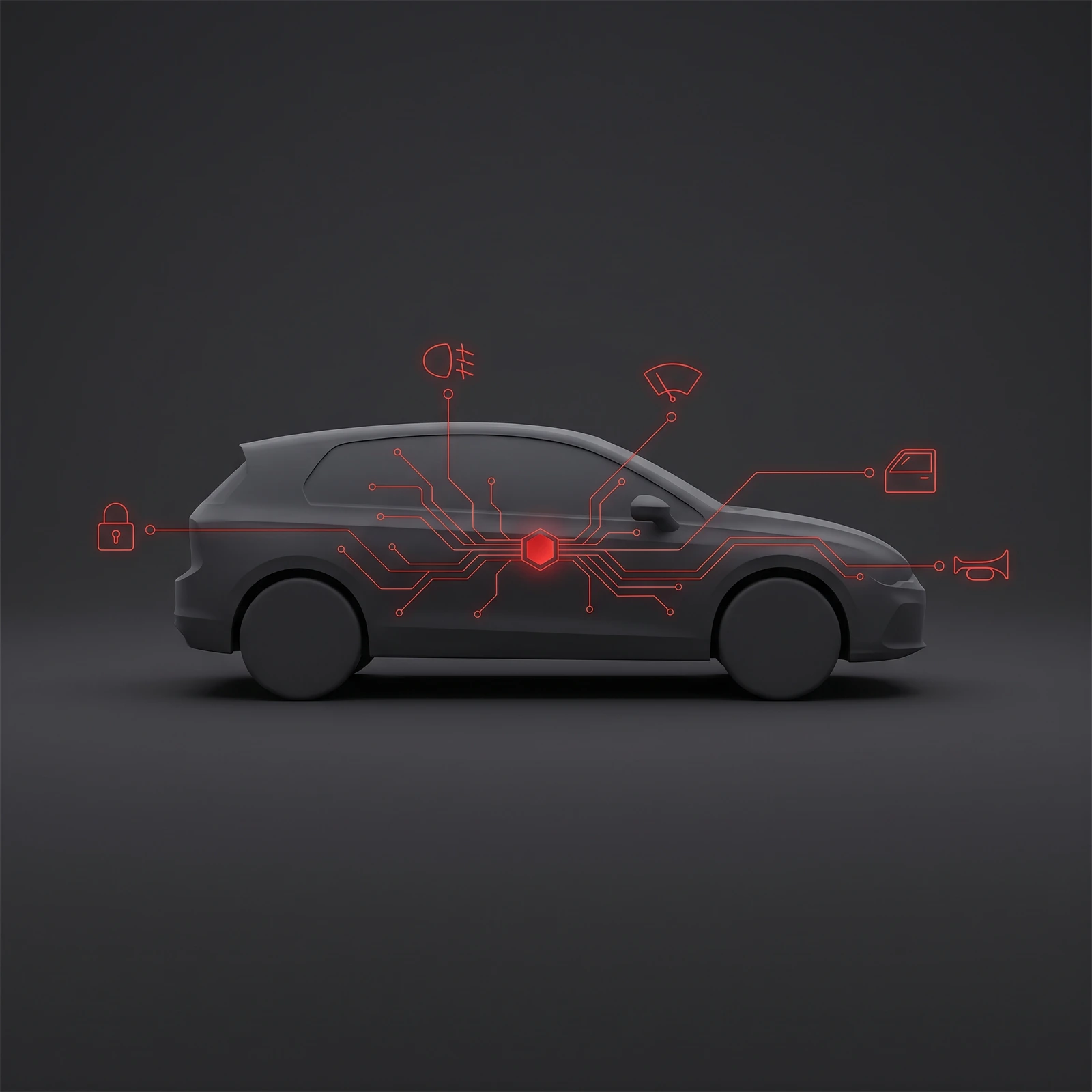 Illustration of a right-hand-drive car with a red circuit network linking a central body control module to the locks, lights, wipers, window and horn it runs