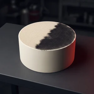 Illustration of a ceramic petrol particulate filter core on a workshop bench, half of its honeycomb face clean and half clogged with black soot