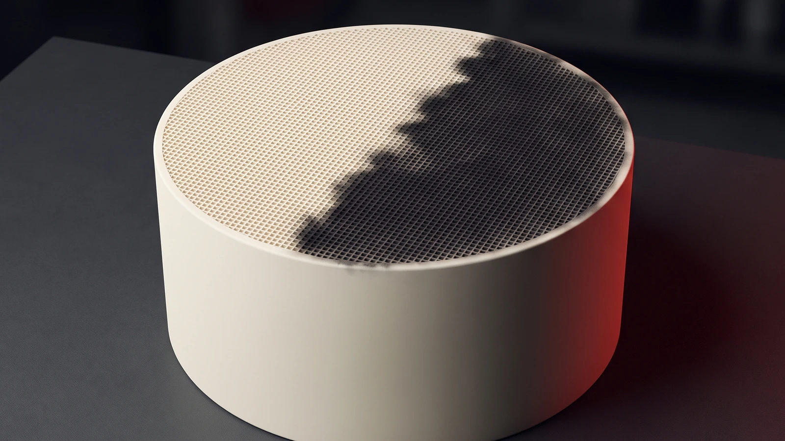 Ceramic particulate filter core with fine square channels, one side of its face clean cream ceramic and the other blocked with soot