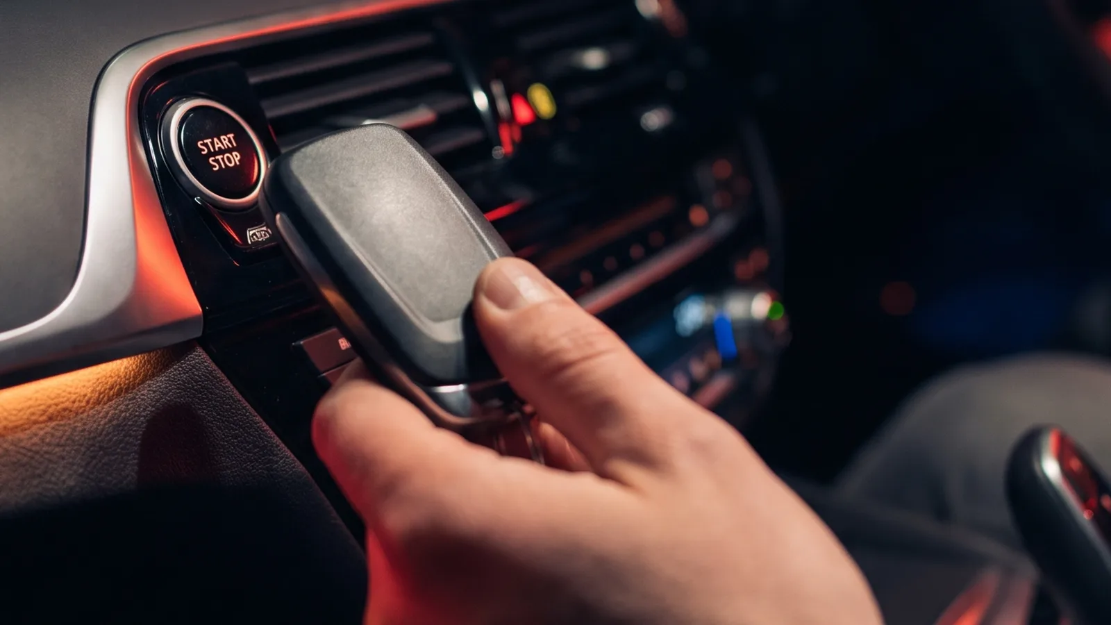 Hand holding a car key fob next to the START/STOP button at night