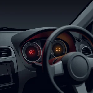 Illustration of a right-hand-drive Citroen-style dashboard at night with a red steering-wheel warning lamp and an amber ABS warning lamp glowing among the dials