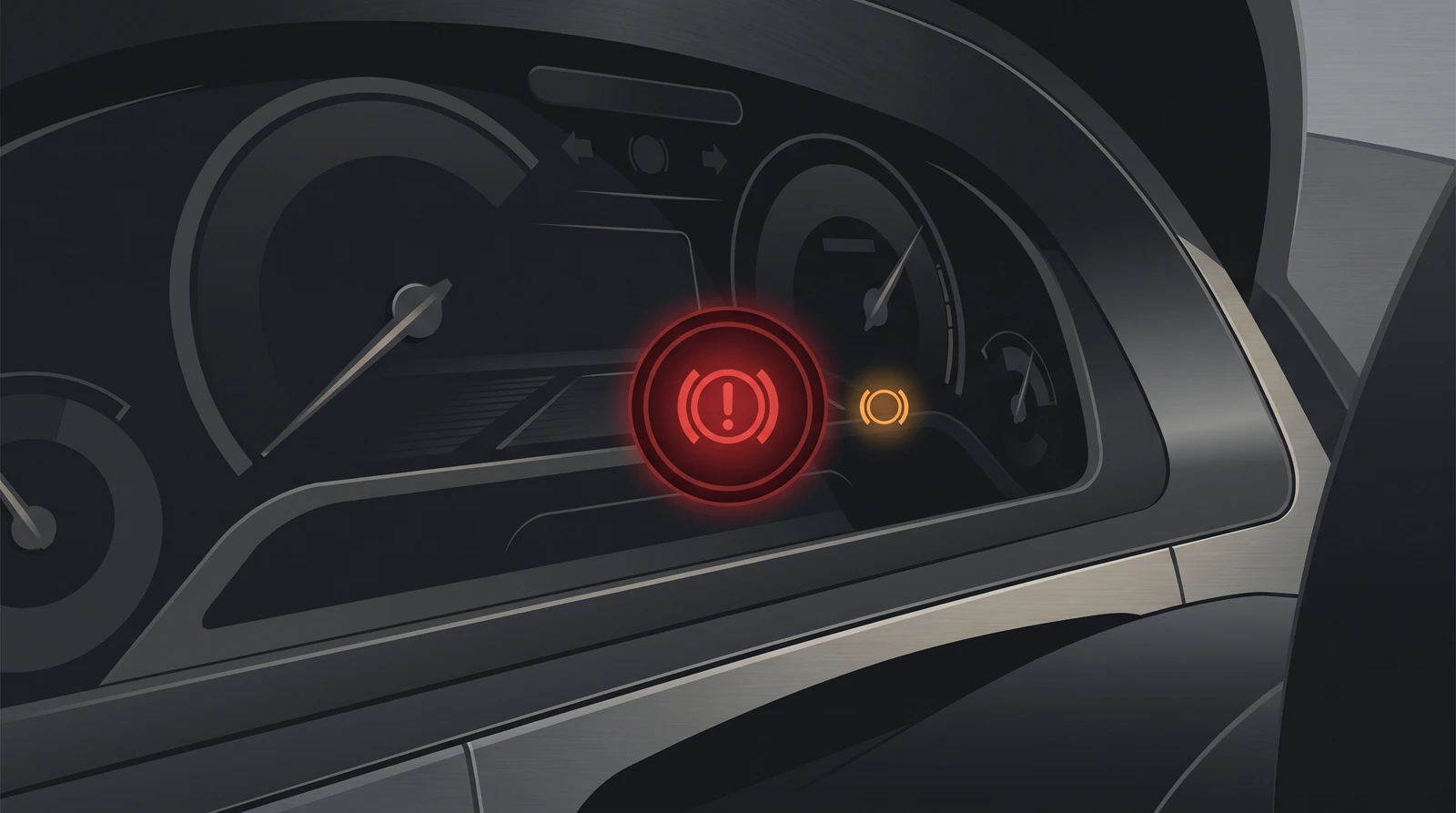 Illustration of a red warning lamp glowing on a dark instrument cluster beside a smaller amber lamp, showing a severity lamp arriving with a second lamp that names the system