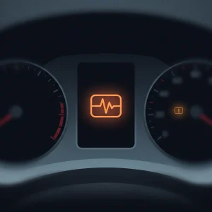 Illustration of a Dacia-style instrument cluster at night with the orange zigzag warning lamp lit in the centre display and a smaller amber warning lamp beside it