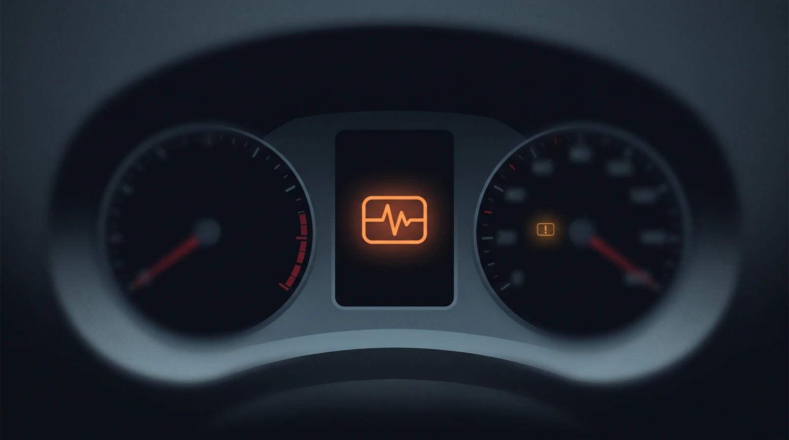 Illustration of a small hatchback's instrument cluster with the orange zigzag warning lamp glowing in the centre display and a second amber lamp lit in the speedometer