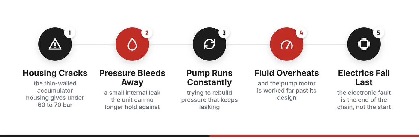How a DQ200 mechatronic fails, hydraulic first and electronic second: the accumulator housing cracks, pressure bleeds away, the pump runs constantly, the fluid overheats, and the electrics fail last