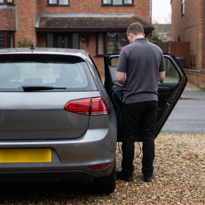 Mobile technician connecting a laptop and diagnostic lead to a grey car on a UK driveway