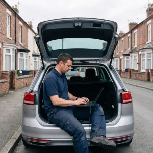 Mobile technician working on a laptop connected to a silver estate car on a UK residential street