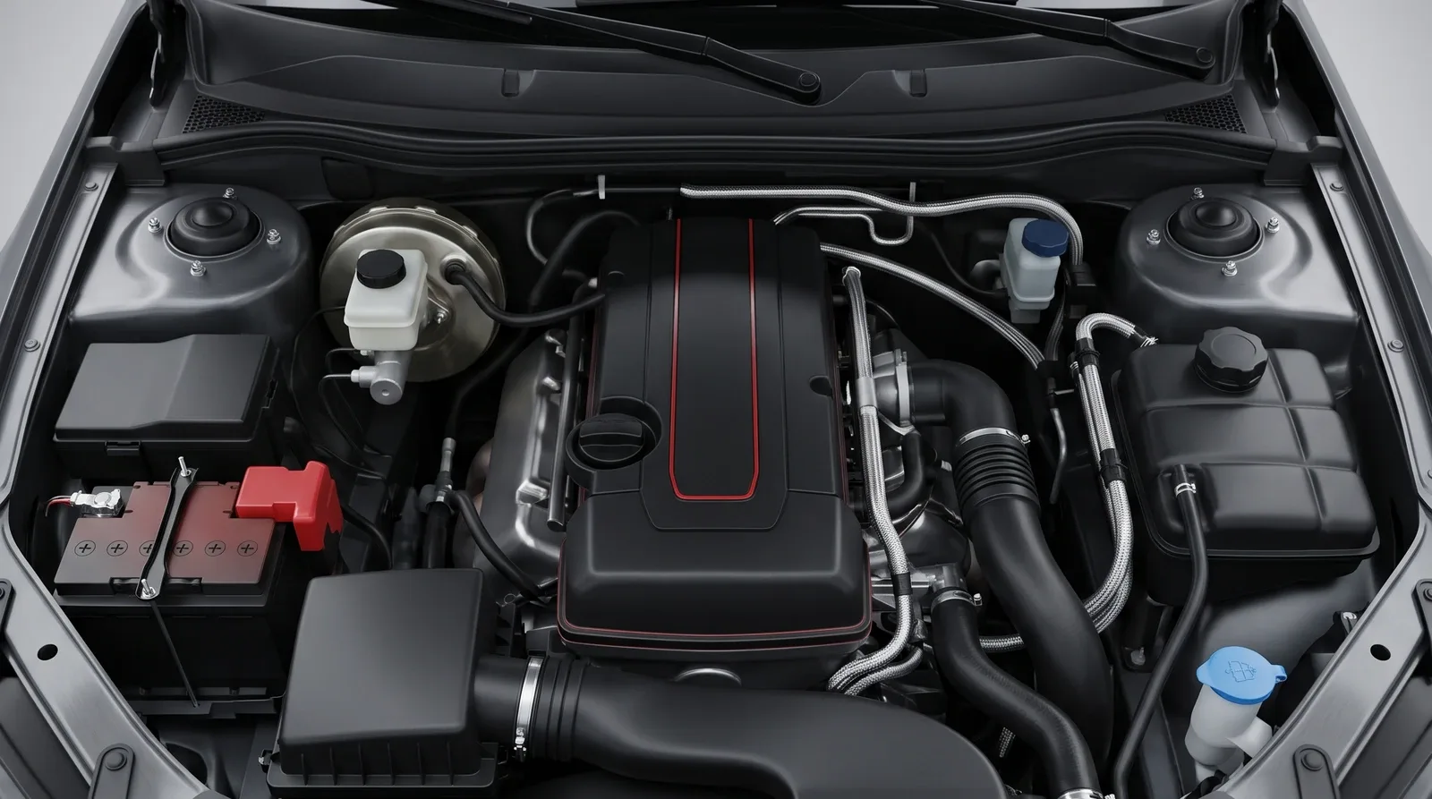 Open engine bay with the fluid reservoirs to check: coolant, brake fluid, screenwash and oil