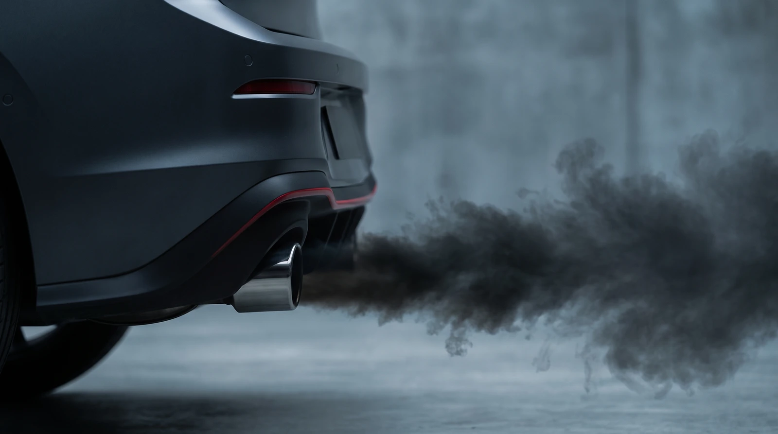 Dark sooty smoke from a car's tailpipe, a visible symptom of a rich fuel mixture