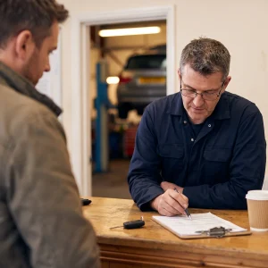 Garage technician going through a printed repair estimate with a customer at the counter, a car raised on the lift behind them