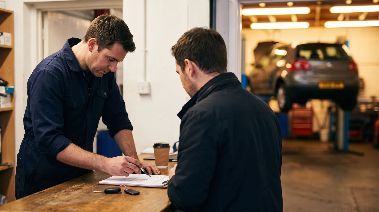 Garage technician going through a printed repair estimate with a customer at the counter, a car raised on the lift behind them