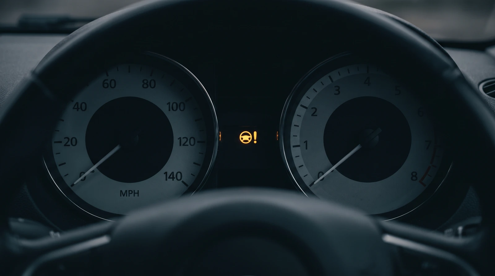 Car instrument cluster at night with the amber EPS steering warning light lit between the dials, speedometer reading in MPH