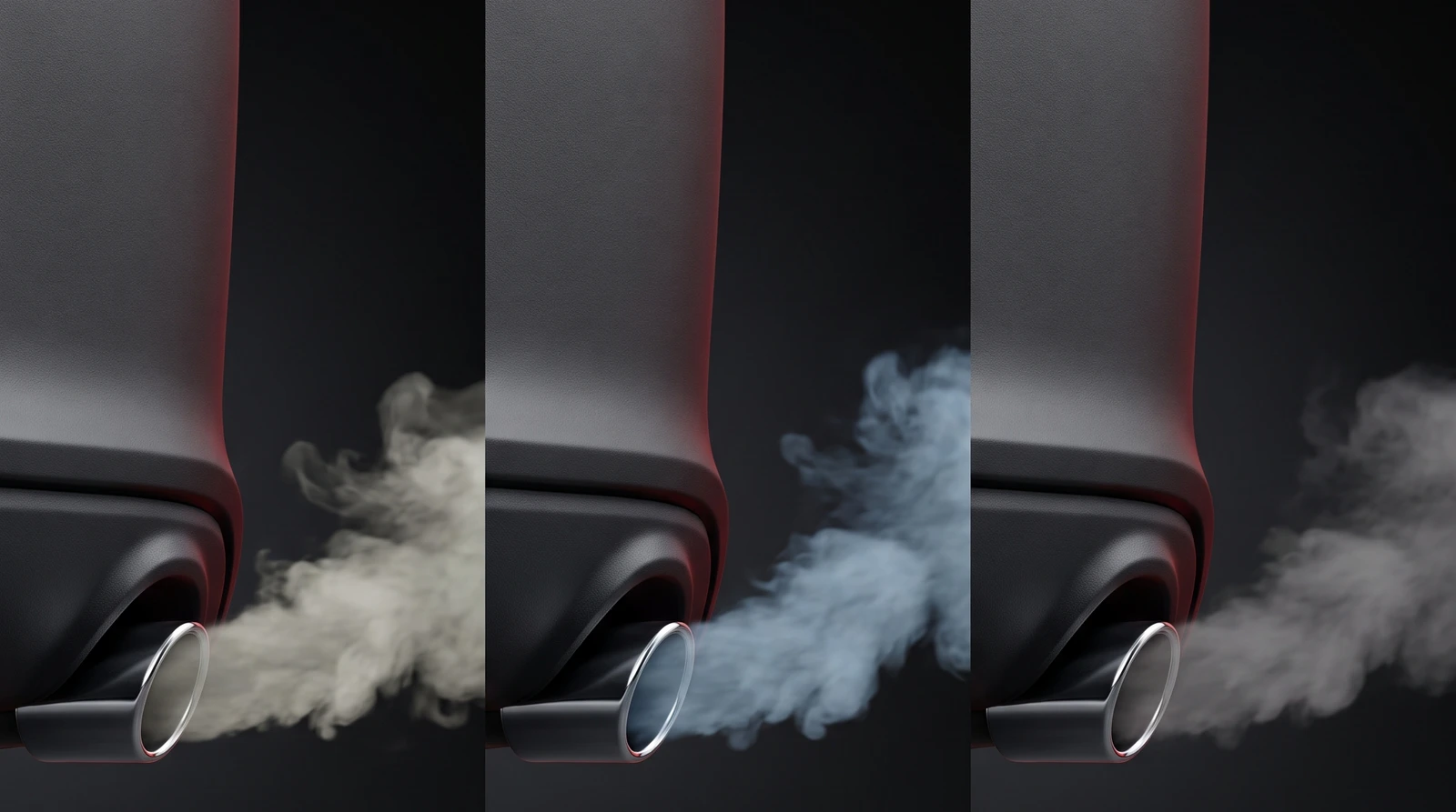 Three exhaust tailpipe tips side by side, each releasing a different colour of smoke