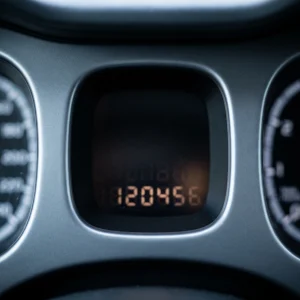 Fiat Panda instrument panel close-up at night: the rounded-square centre display with the mileage digits caught mid-flash between the speedometer and rev counter