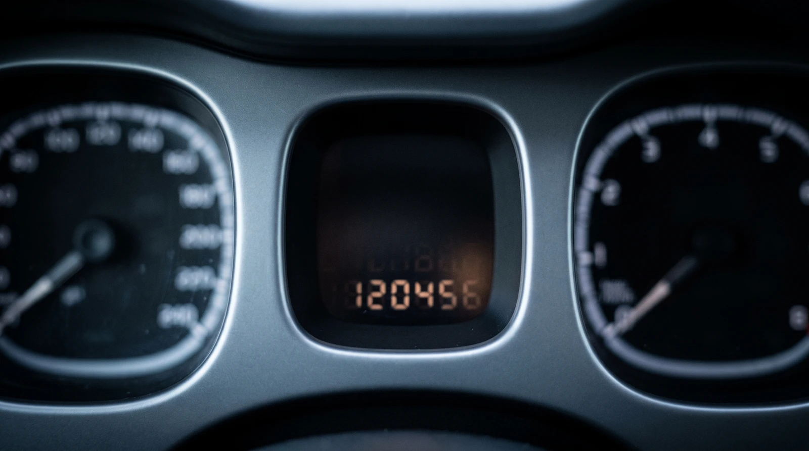 The centre display window of a Fiat Panda instrument cluster, its odometer reading dimmed mid-blink, with the two dial windows out of focus either side