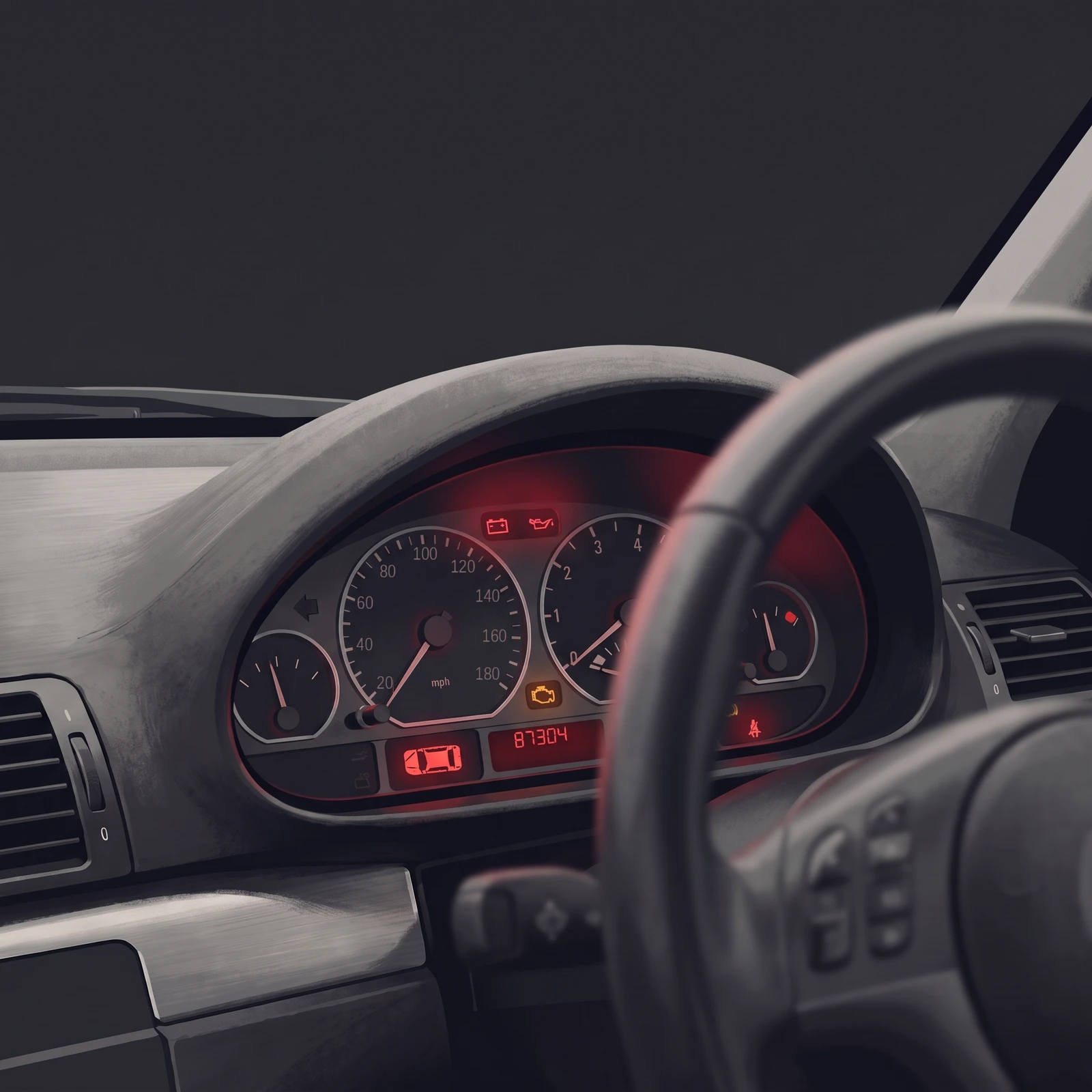 Illustration of a right-hand-drive car dashboard at night with red and amber warning lamps lit on the instrument cluster