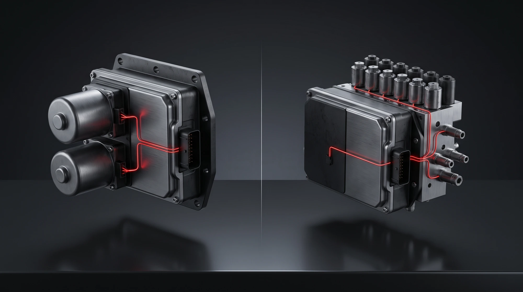 Comparison diagram of the dry Ford DPS6 transmission control module with integrated electric actuators against the wet 6DCT450 mechatronic assembly bonded to its hydraulic valve body