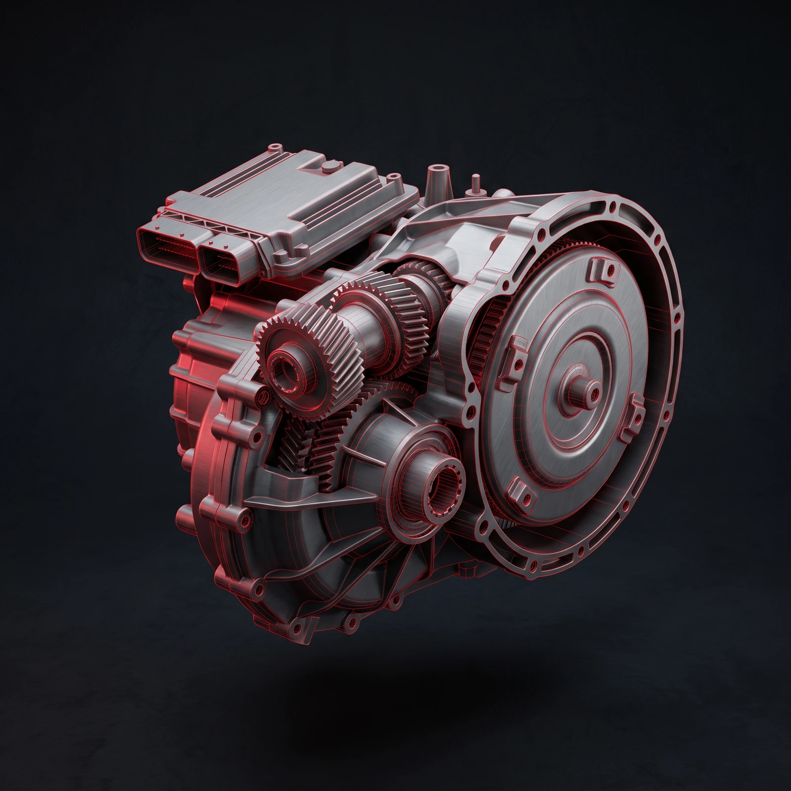 Abstract technical illustration of a dual-clutch car transmission, representing Ford PowerShift gearbox repair