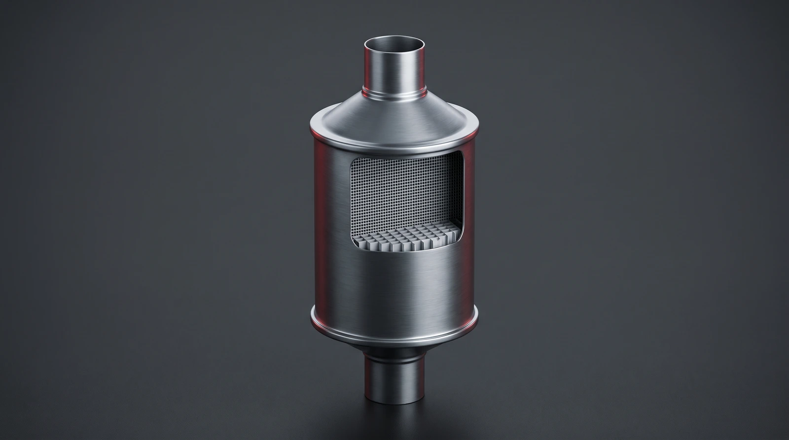 Cutaway of a gasoline particulate filter canister showing its honeycomb ceramic core