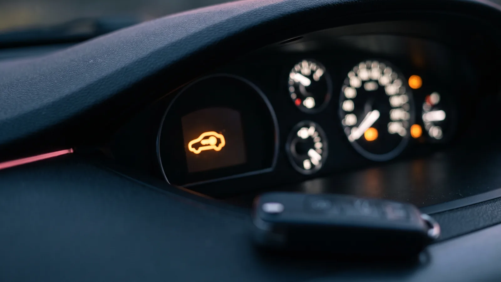 Immobiliser warning light lit on the dashboard with the car key resting on the dash