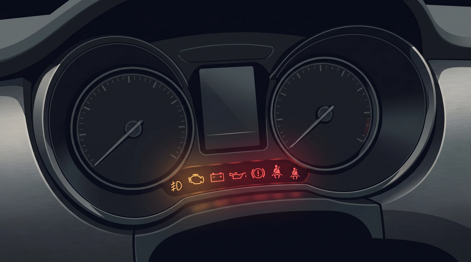 Illustration of a city car's instrument cluster during the key-on lamp check, a row of amber and red warning lamps lit below the dials
