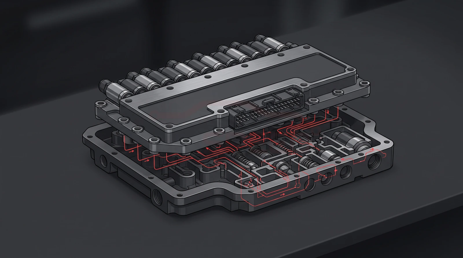 Stylised cutaway technical illustration of a transmission control unit bolted onto a valve body, showing hydraulic pressure pathways routed through internal channels to a row of solenoid valves