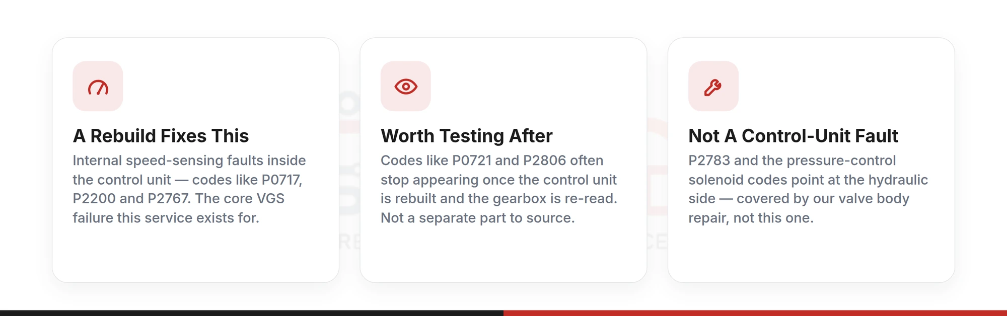 Three cards showing the Mercedes 722.9 VGS fault-code verdict split — codes a rebuild fixes, codes worth testing after a rebuild, and codes that are not a control-unit fault and are covered by the valve body repair instead