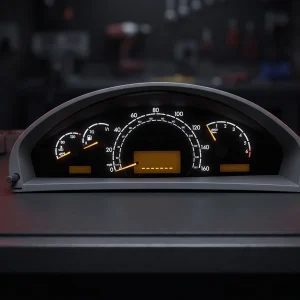 Illustration of a Mercedes instrument cluster on a workshop bench with a row of dashes where the mileage should be