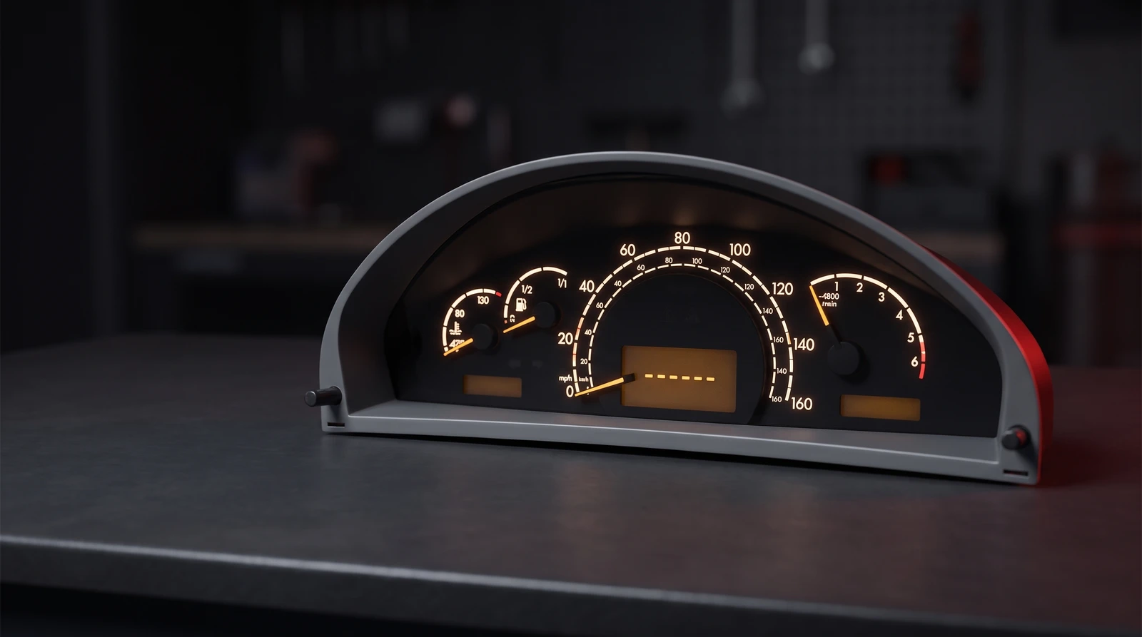 Illustration of a powered-up Mercedes instrument cluster on a dark bench, its centre display showing dashes instead of the mileage